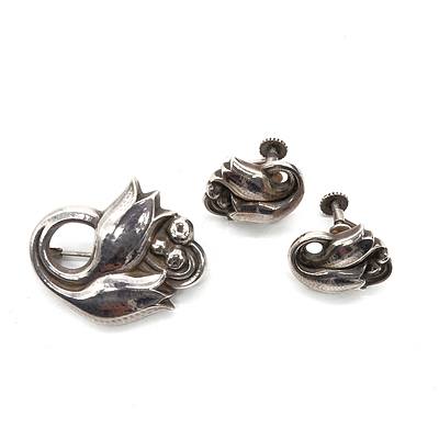 Georg Jensen Sterling Silver Tulip Earrings and Matching Brooch with Hammered Finish