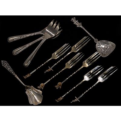 Six Silver Plated Cocktail Forks with Australian Animal Finials, .800 Silver Sugar Spoon, and Various Other Plated Flatware