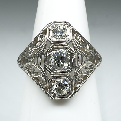 Antique Platinum Diamond Ring with Three Old European Cut Diamonds