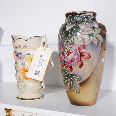 Large Vintage Japanese Porcelain Vase with Floral Motif and an Arthur Woods Art Deco Jug