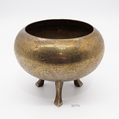 Antique Indian Engraved Brass Bowl on Tripod Feet