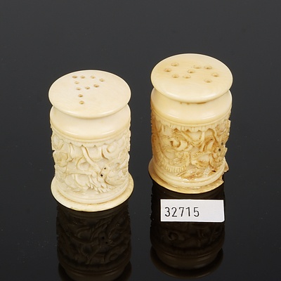 Pair of Antique Chinese Export Carved Ivory Salt and Pepper Pots