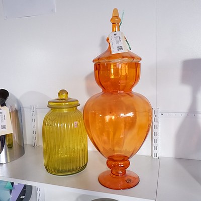 Large NF Living Orange Glass Oversized Apothecary Jar and a Yellow Glass Lidded Jar