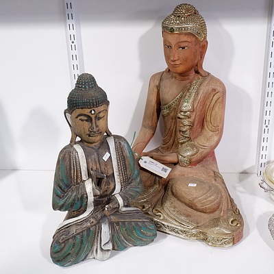 Two Carved Timber Sitting Buddhas
