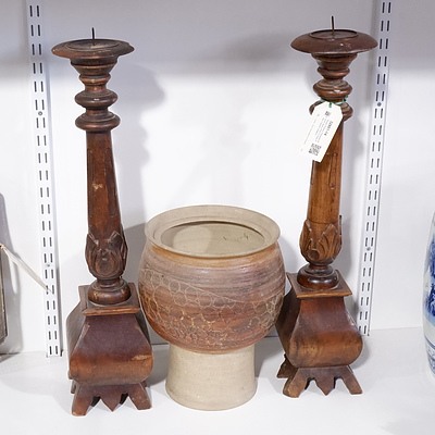 Studio Pottery Pedestal Planter and a Pair of Teak Pillar Candle Holders