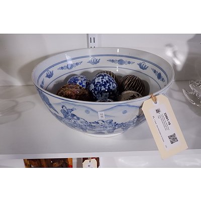 Large Blue and White Chinese Porcelain Bowl with Assorted Decorative Balls and Eggs