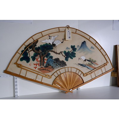 Decorative Large Chinese Hand Painted Silk and Bamboo Fan