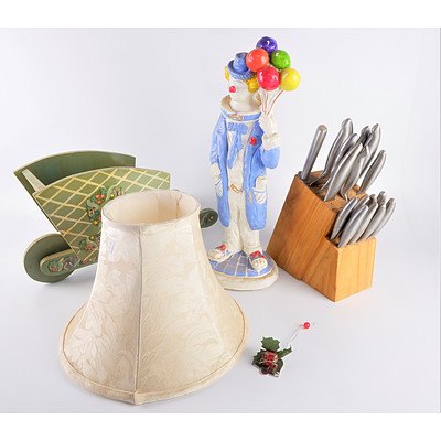 Concrete Clown Garden Ornament, Knife Block with Knives, Small Wooden Wheelbarrow and Lamp Shade