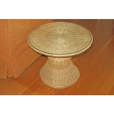 Pair of Glass Topped Woven Cane Side Tables