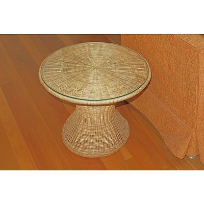 Pair of Glass Topped Woven Cane Side Tables