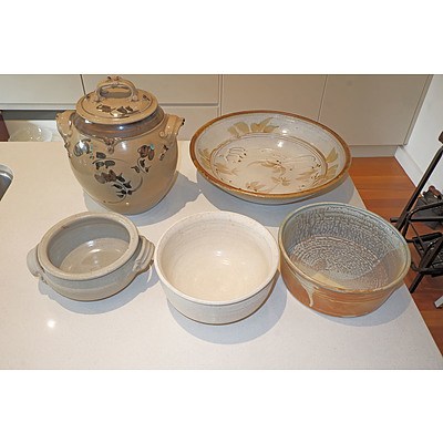A Group of Hand-Potted Stoneware, Including a Large Bowl D: 36 cm