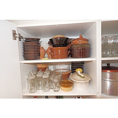 Five Shelves of Kitchenware Including Bunnykins Bowl, Worcester Egg Coddlers, Coffee Plungers, Stoneware Pots, Jars, Asian Serving Bowls and more 