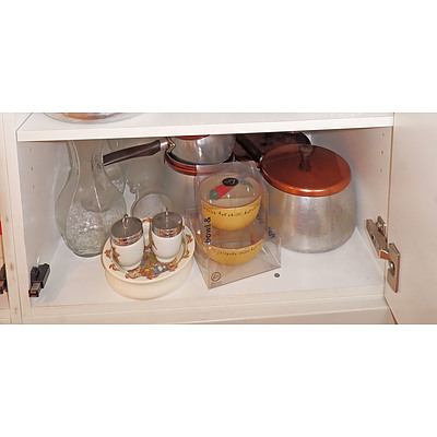 Five Shelves of Kitchenware Including Bunnykins Bowl, Worcester Egg Coddlers, Coffee Plungers, Stoneware Pots, Jars, Asian Serving Bowls and more 
