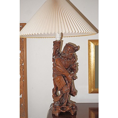 A Vintage Chinese Carved and Inlaid Figural Lamp Base