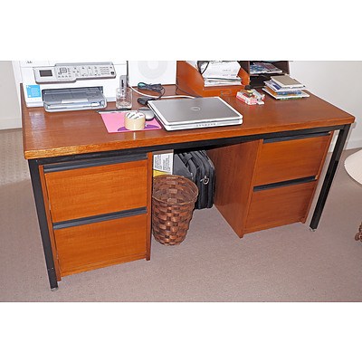 A Vintage Steel-Framed and Hardwood Desk Together with A Later Pair of File Drawers