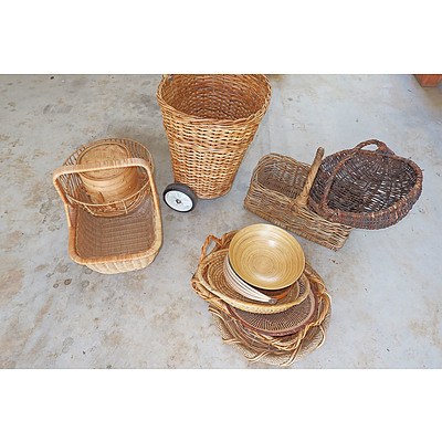 A Collection of Cane Baskets and Platters Including a Pull-Along Shopping Trolley and Chinese Food Steamer (12)