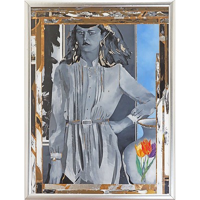 Geoffrey Proud (born 1946), Untitled (Framed Woman with Painted Vase) 1980, Mixed Media on Glass