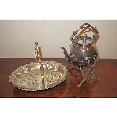 Victorian Silver Plated Spirit Kettle and Swing Handled Cake Basket