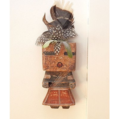Greg Lomayesva (born 1971, American), Native American Kachina Doll, Hand-Painted Timber and Feathers