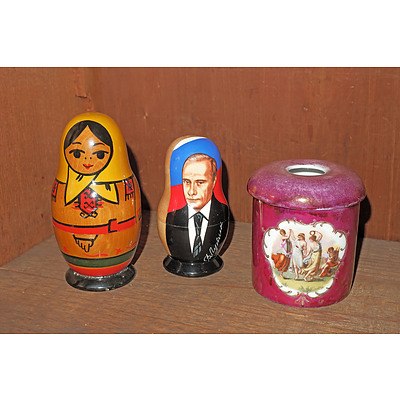 Two Babushka Dolls and a Limoges Powder Jar