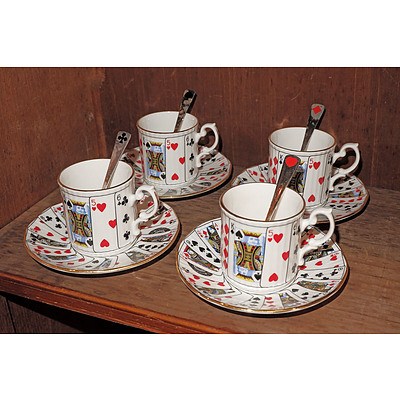 Staffordshire Porcelain Playing Card Themed Demitasse and Enamelled Danish Sterling Silver Spoons