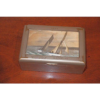 Victorian Nickel Plated Cigarette Box of Marine Interest, Dated 1889