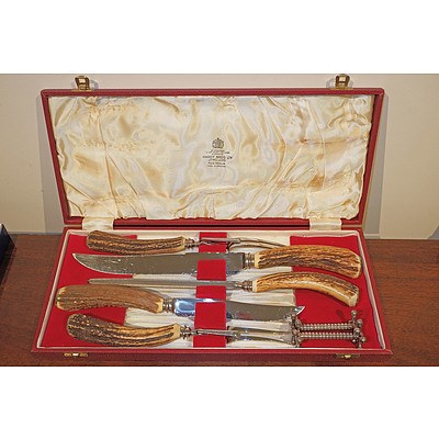 Hardy Bros Horn Handled Carving Set, Including Rests and Pair of Steak Knives