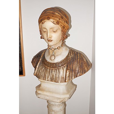 Antique Italian Pre-Raphaelite Style Carved and Stained Alabaster Bust of a Beauty, Signed 