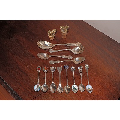 German .800 Silver Berry Spoon, Two Victorian Sterling Silver Kings Pattern Teaspoons, Various Enamel Souvenir Spoons
