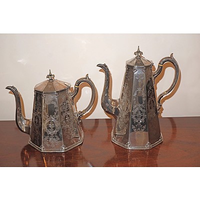 Impressive Victorian James Dixon Silver Plated Tea and Coffee Pot, Inc Gothic Revival Taste, Circa 1880
