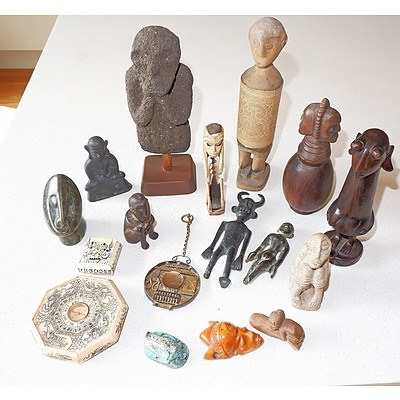 Collection of Ethnographic Curios, Including Small Shona Stone Figure, Bone Zodiac Calendar