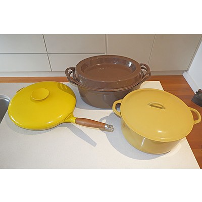 Three Enamelled Cast Iron Cooking Pans, Including Doufeu, Descoware, and Copco Denmark