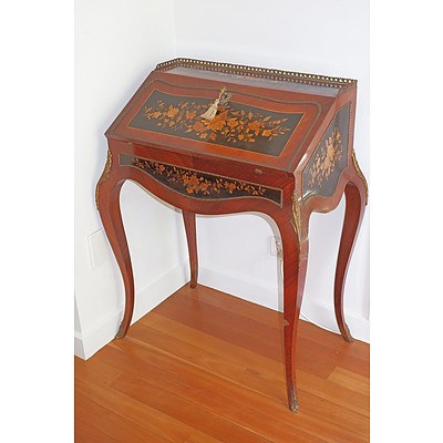 French Louis XV Marquetry Inlaid and Ormolu Mounted Walnut Bombe Shaped Bonheur-Du-Jour, 20th Century