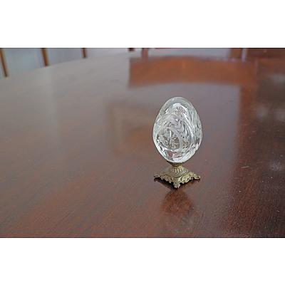 Russian Hand Cut Crystal Egg Shaped Paper Weight Mounted on a Cast Brass Stand