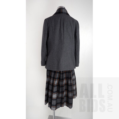 Vintage English 'Levere of London' Three Piece Grey Wool Blend Suit - Jacket, Kilt Style Skirt and Matching Scarf
