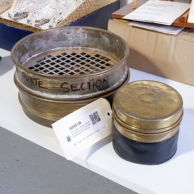 Two Vintage Copper Laboratory Sieves and a Cesed Brass Laboratory Canister (3)