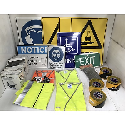Large Lot of Assorted Protective and Safety Gear, Safety and Warning Signs