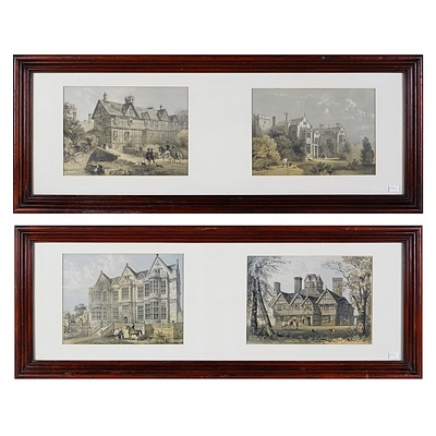 A Pair of Framed Hand-Coloured Engravings Depicting English Country Manors (2)