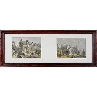 A Pair of Framed Hand-Coloured Engravings Depicting English Country Manors (2)