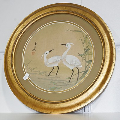 Vintage Asian Watercolour of Storks in Gilded Circular Frame