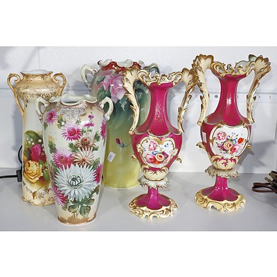 Five Continental Floral Decorated Vases