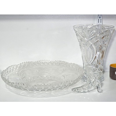 Large Bohemian Crystal Vase, Cornucopia Vase and a Large Cut Glass Bowel