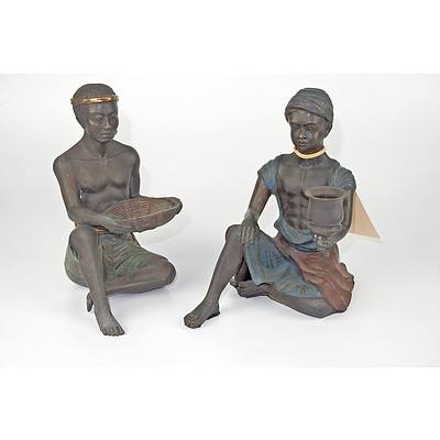 Pair of Bronze Patinated Cast Brass Oriental Figural Candlestick and Another