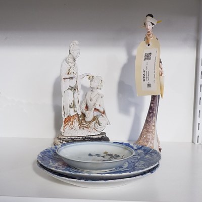 Three Oriental Plates and Two Figurines