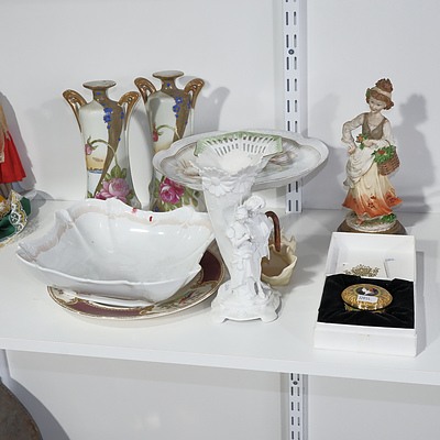 Group of Porcelain Vases, Bowls, Comport, Figurine, and a Boxed Buckingham Palace Pill Box