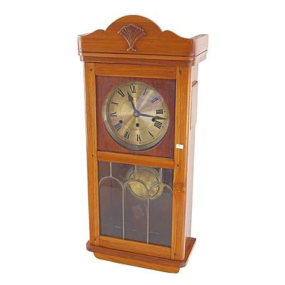 Antique Cedar Cased Shortcase Wall Clock with Leadlight Panel Door