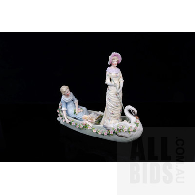 Ernst Bohne and Sohne Ceramic Figural Group of Two Woman on a Swan Gondola
