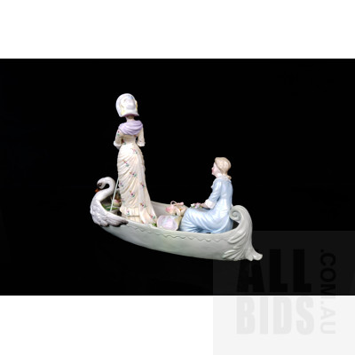 Ernst Bohne and Sohne Ceramic Figural Group of Two Woman on a Swan Gondola