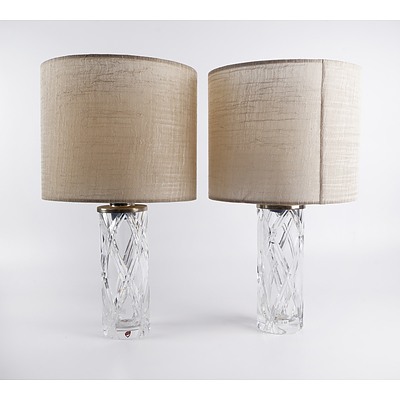 Pair of Orrefors Cut Crystal Lamps with Nice Shades