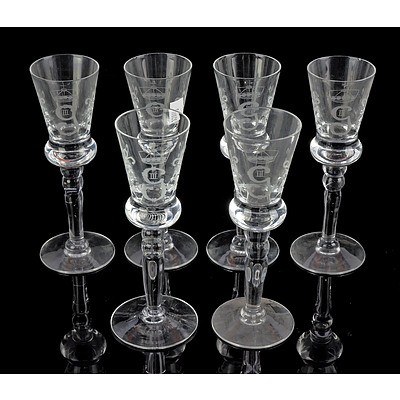 Six Swedish Engraved Glass Commemorative Schnapps Glasses with Engraved Crest of King Gustav III (Reigned 1771-1792), Early 20th Century